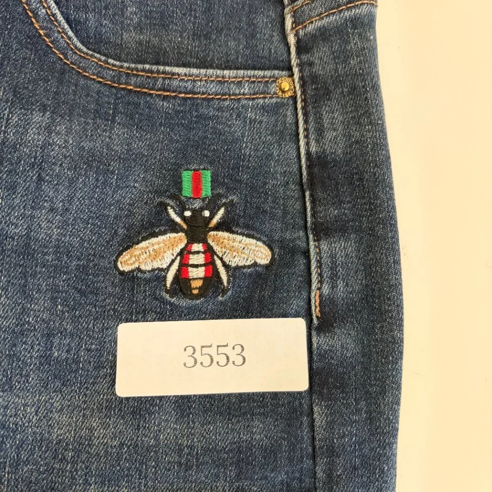 Bee Embroidered Jean Womens 27 x 27 Blue Tapered Stretch Denim Designer Inspired - Picture 6 of 12